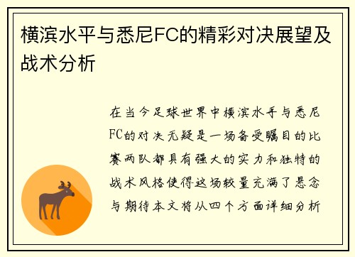 横滨水平与悉尼FC的精彩对决展望及战术分析