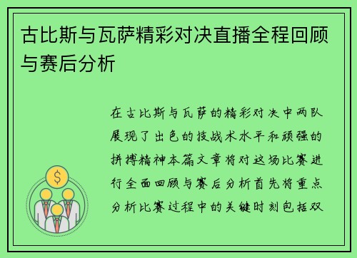 古比斯与瓦萨精彩对决直播全程回顾与赛后分析
